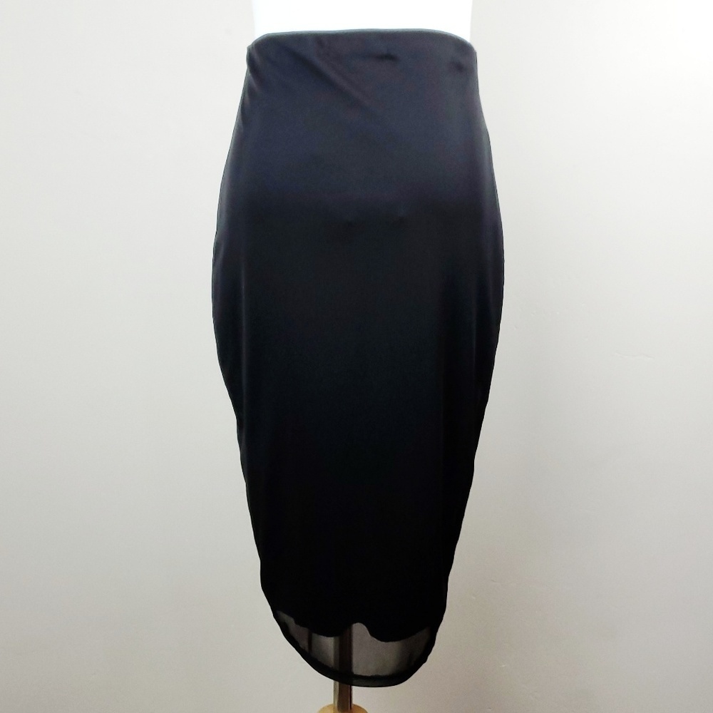 NWT Glam Black Flower Embroidered Pencil Skirt w/ Sheer Mesh Overlay, Size M - Picture 3 of 5